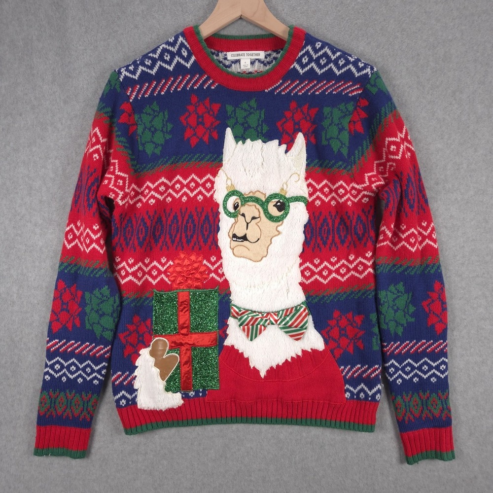 Fuzzy Llama Womens Small Red Celebrate Together Christmas Holiday Sweater Alpaca
